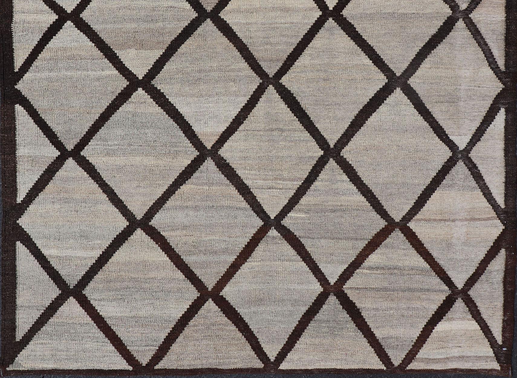 Hand-Woven Natural Color-Tone Flat-Weave Kilim in Diamond Design For Sale