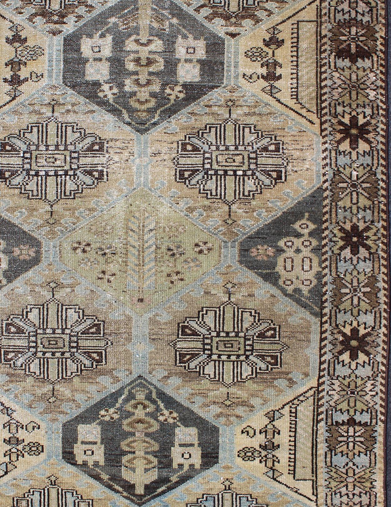 Tribal Natural Color Toned Vintage Persian Bakhtiari Rug with Large-Scale Geometrics
