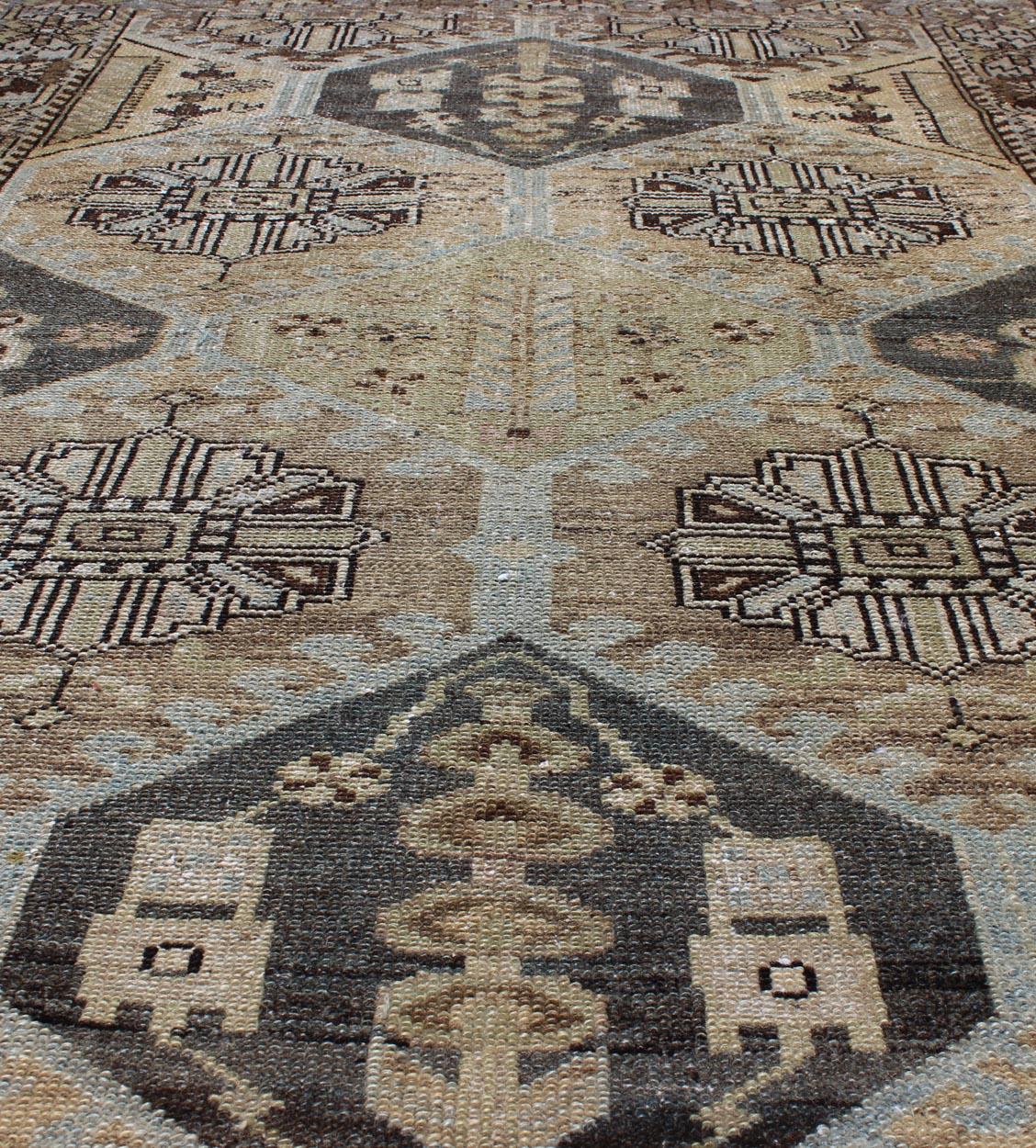 Hand-Knotted Natural Color Toned Vintage Persian Bakhtiari Rug with Large-Scale Geometrics
