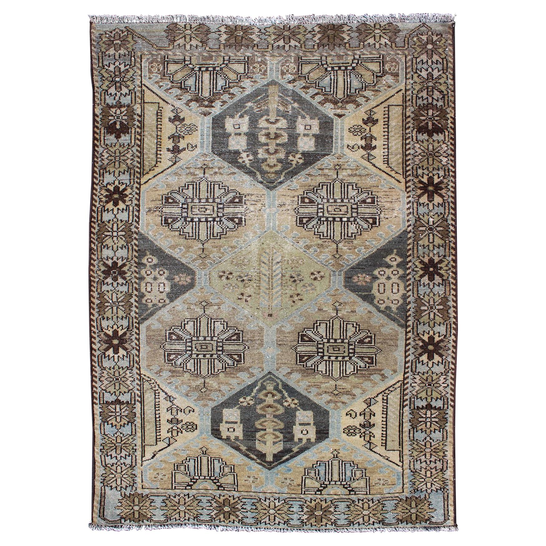 Natural Color Toned Vintage Persian Bakhtiari Rug with Large-Scale Geometrics