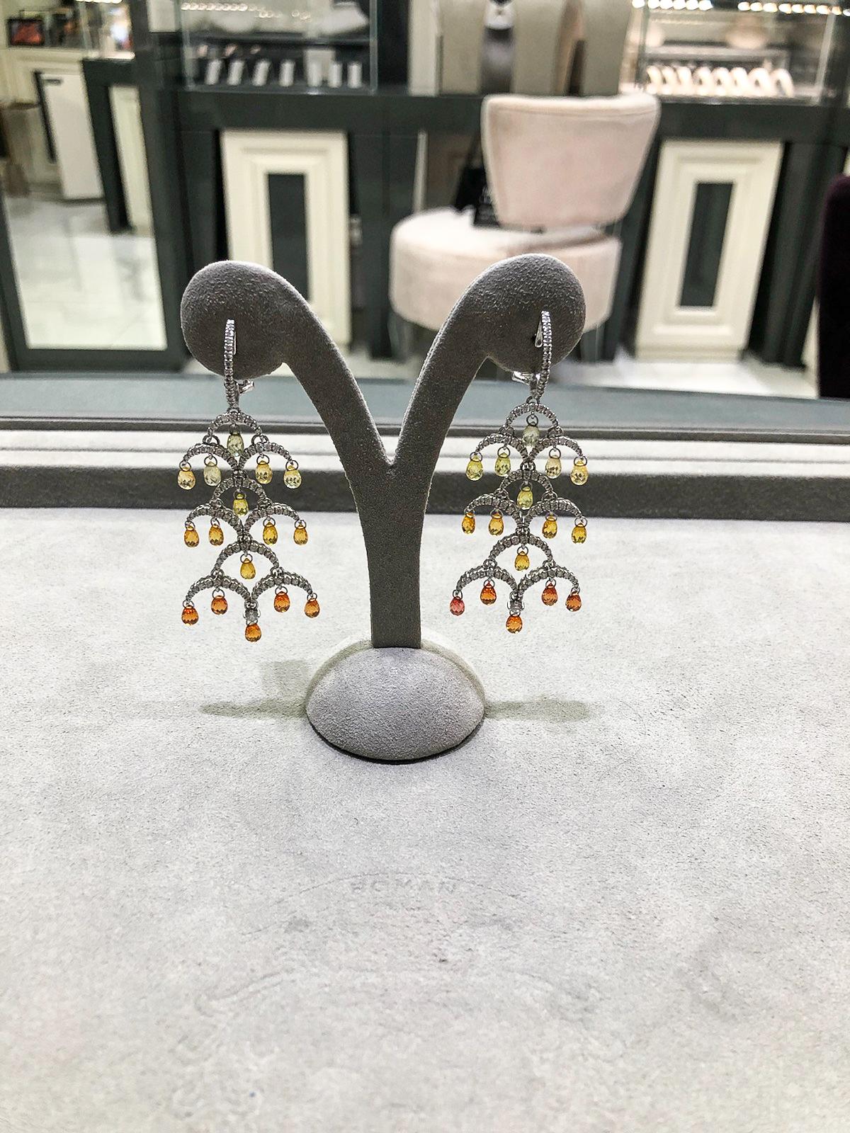 1.97 Carats Total Diamond with Natural Briolette Sapphires Chandelier Earrings In New Condition For Sale In New York, NY