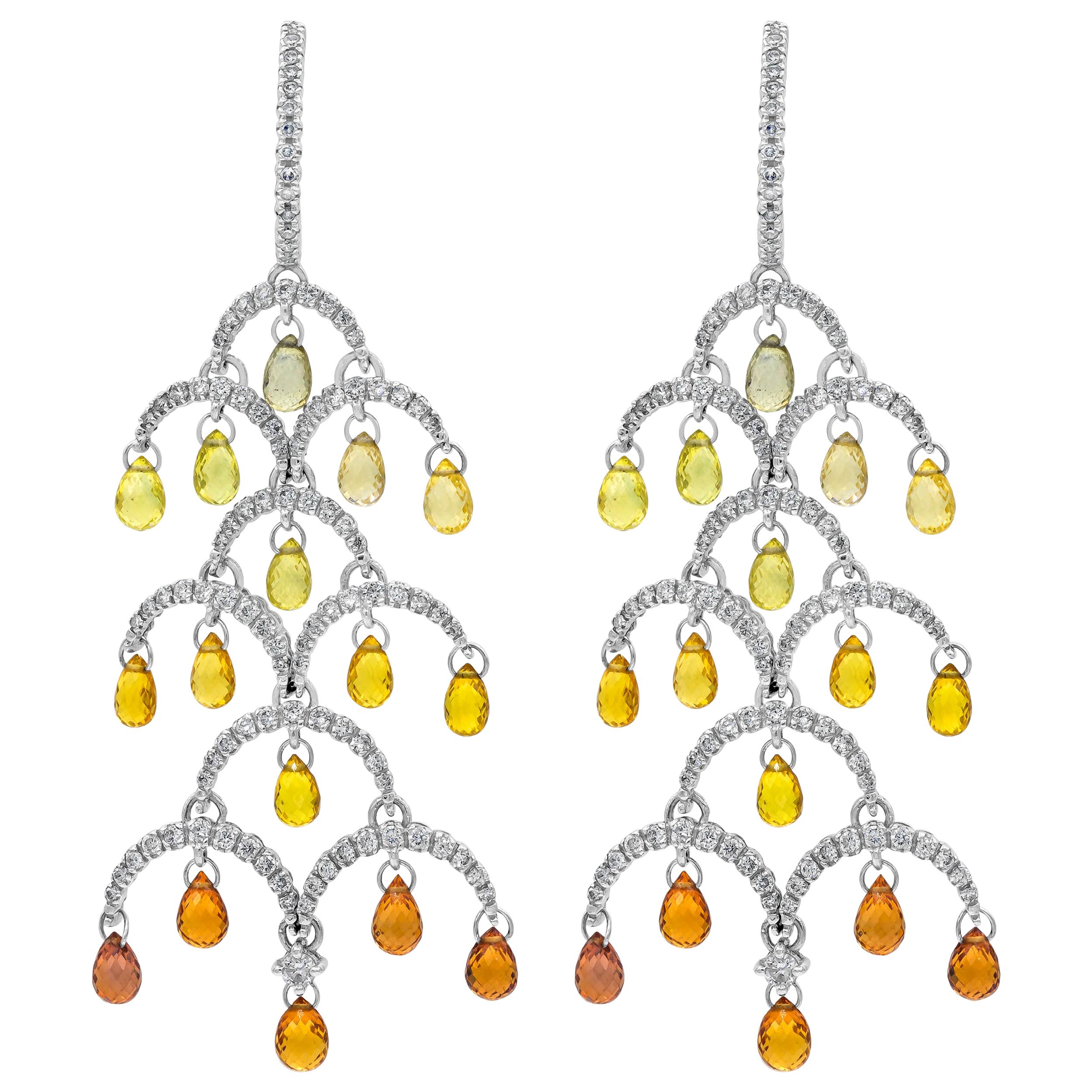 1.97 Carats Total Diamond with Natural Briolette Sapphires Chandelier Earrings For Sale