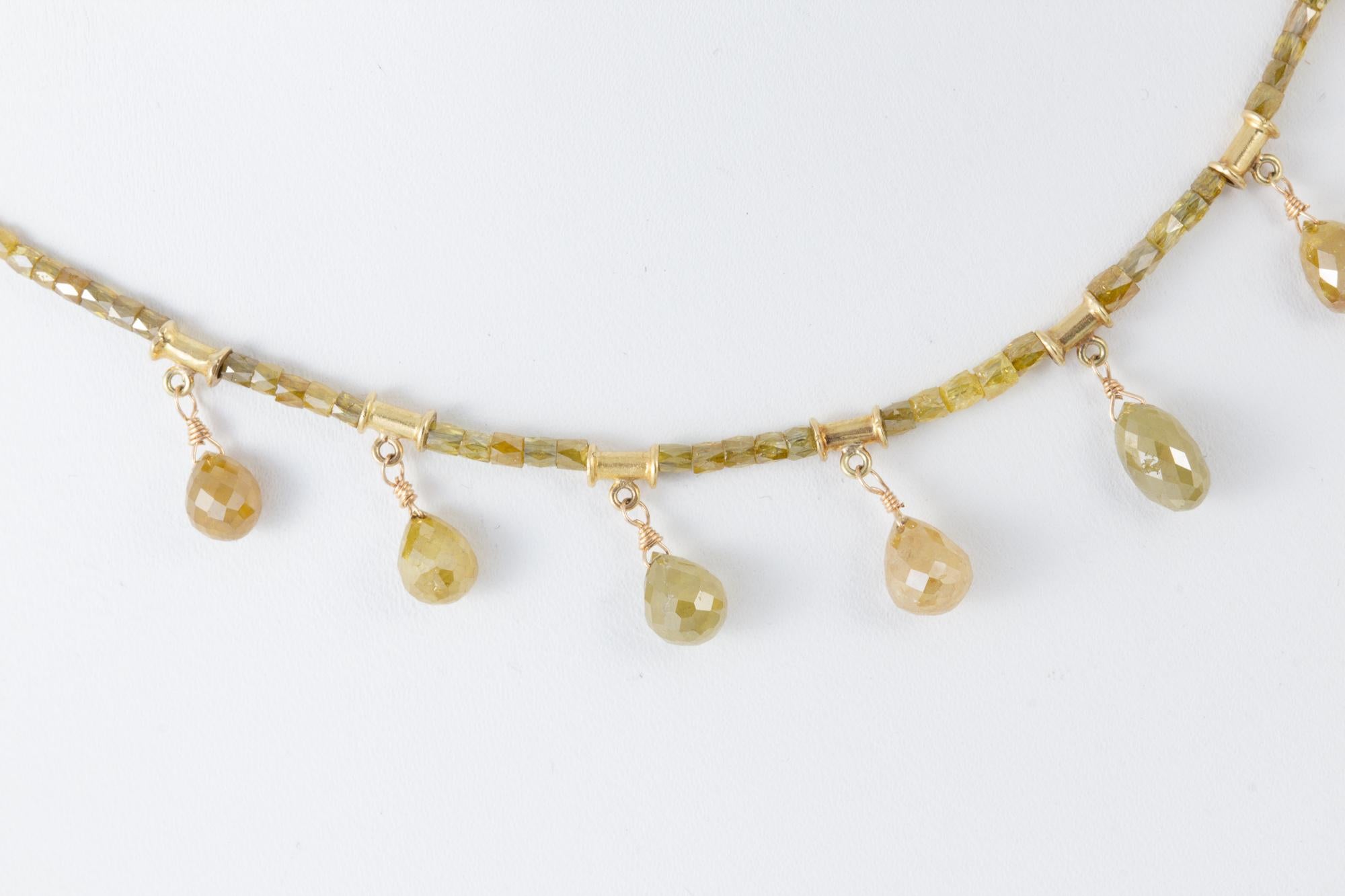 Natural Colored Diamond Briolette Necklace with 18 Karat Yellow Gold 2