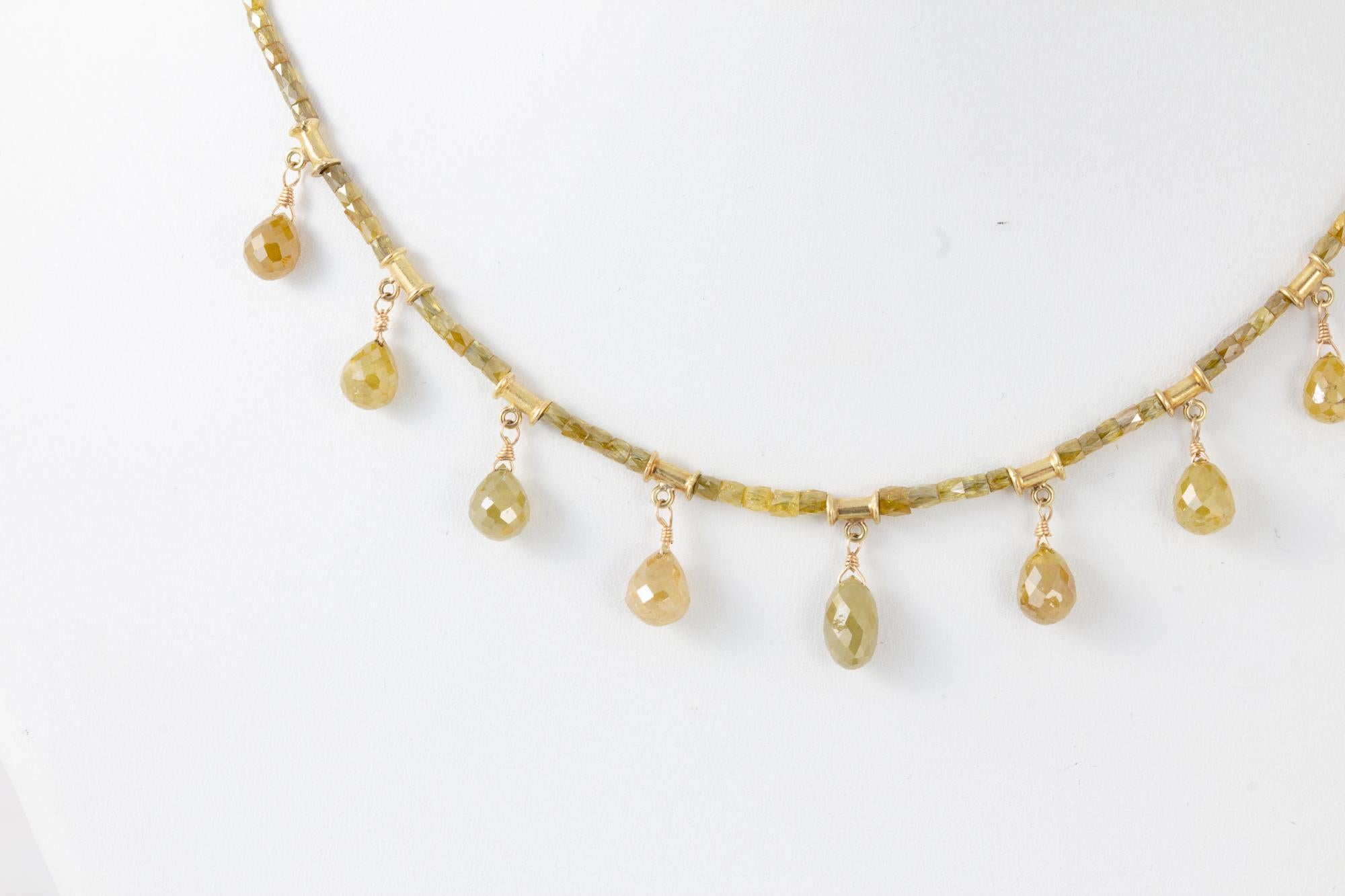 Victorian Natural Colored Diamond Briolette Necklace with 18 Karat Yellow Gold For Sale