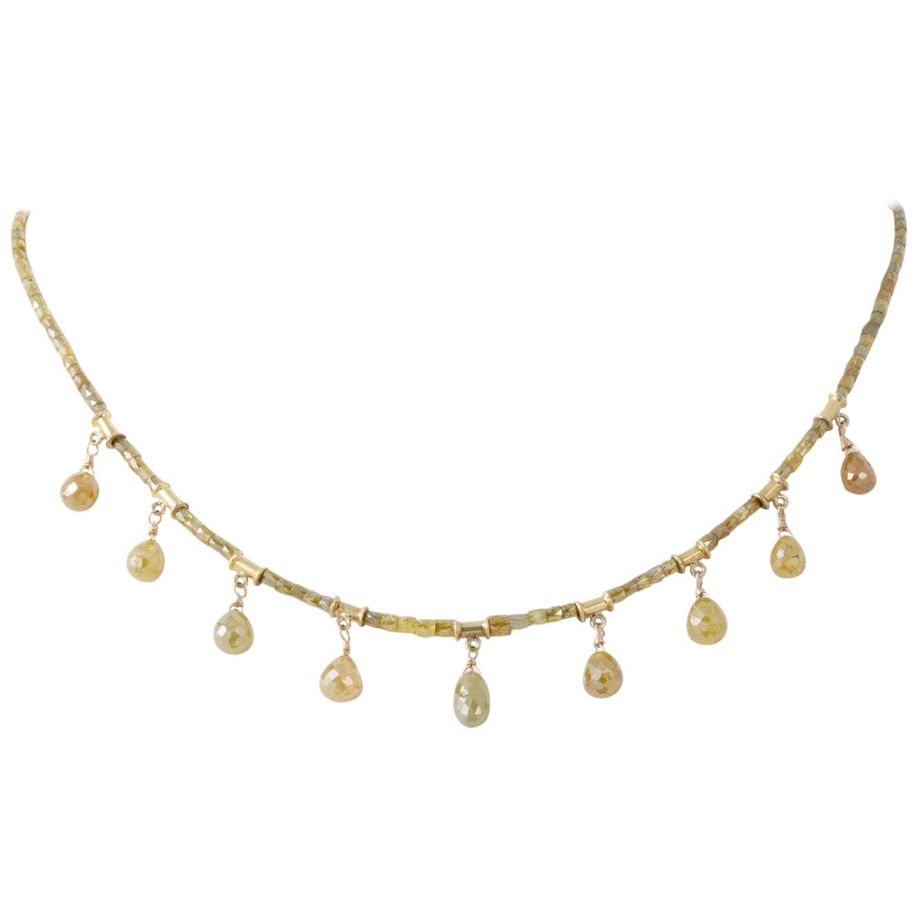 Natural Colored Diamond Briolette Necklace with 18 Karat Yellow Gold For Sale