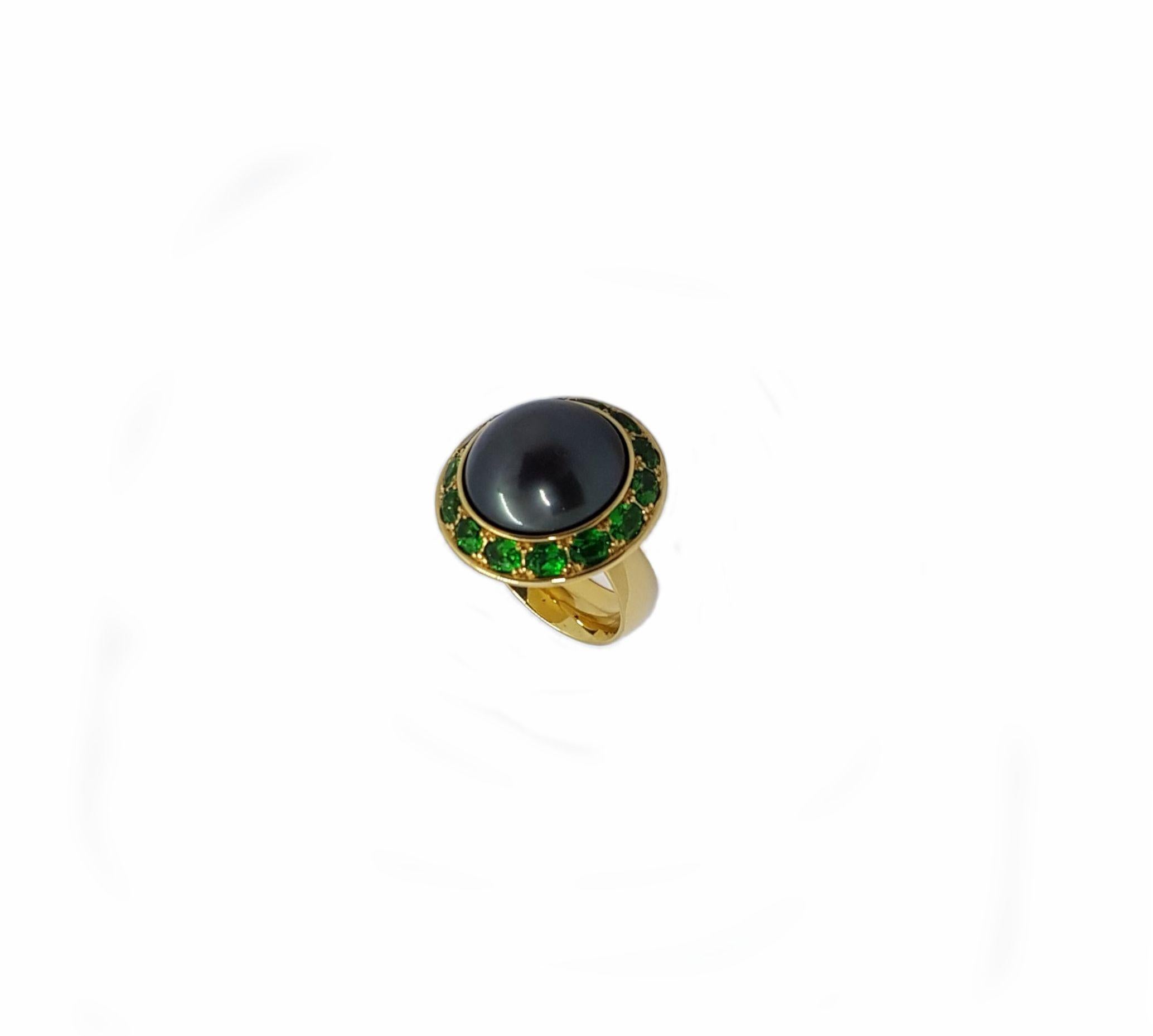 Natürlicher farbiger Tahiti-Perle Tsavorit 3,11 Karat Gelbgold Ring (Brillantschliff) im Angebot