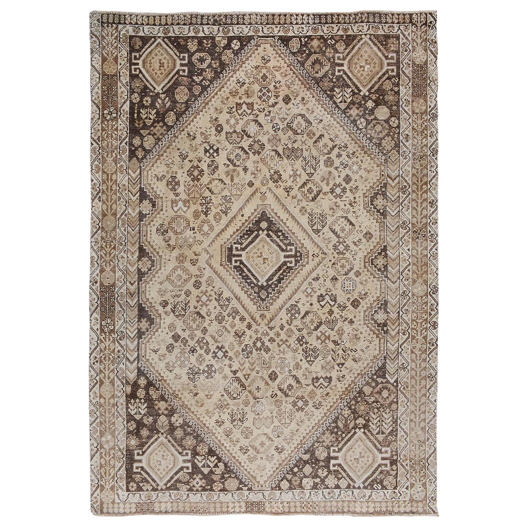 Navy Blue Vintage Worn Down Persian Qashqai Clean Hand Knotted Natural