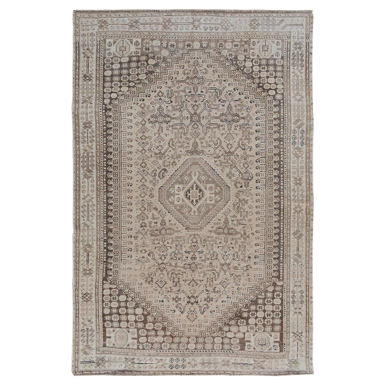 Natural Colors Old and Worn Down Persian Qashqai Pure Wool Hand Knotted Rug For Sale