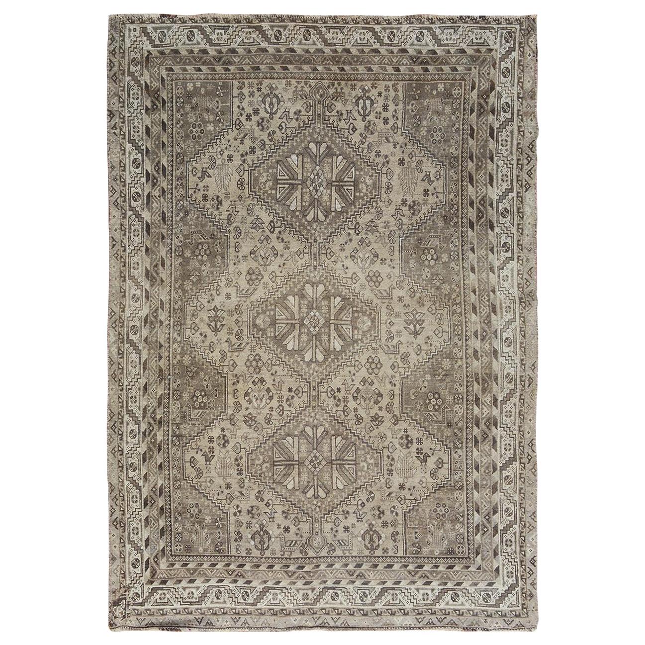 Natural Colors Old and Worn Down Persian Shiraz Hand Knotted Oriental Rug For Sale