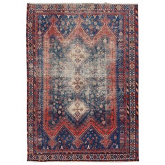Natural Colors Old and Worn Down Persian Shiraz Hand Knotted Oriental Rug
