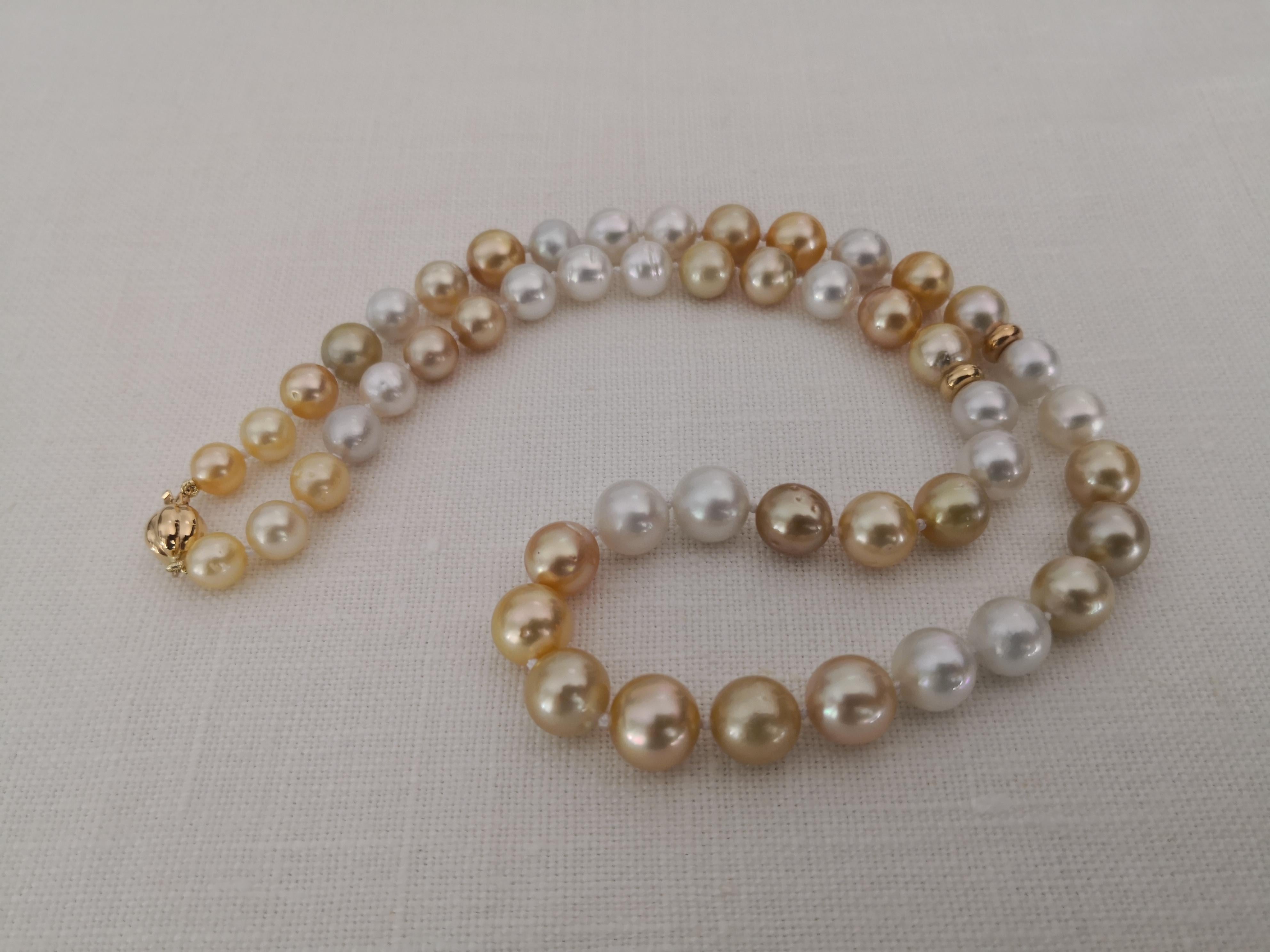 A  Natural  Colors  South Sea Pearls Necklace

- 50 pearls in the necklace

- Size of Pearls from 8-11 mm 

- Natural Colors: Golden, White 

- Natural High Luster

- Pearl of round shape

- 53 cm long necklace hand-knotted

- Clasp manufactured in