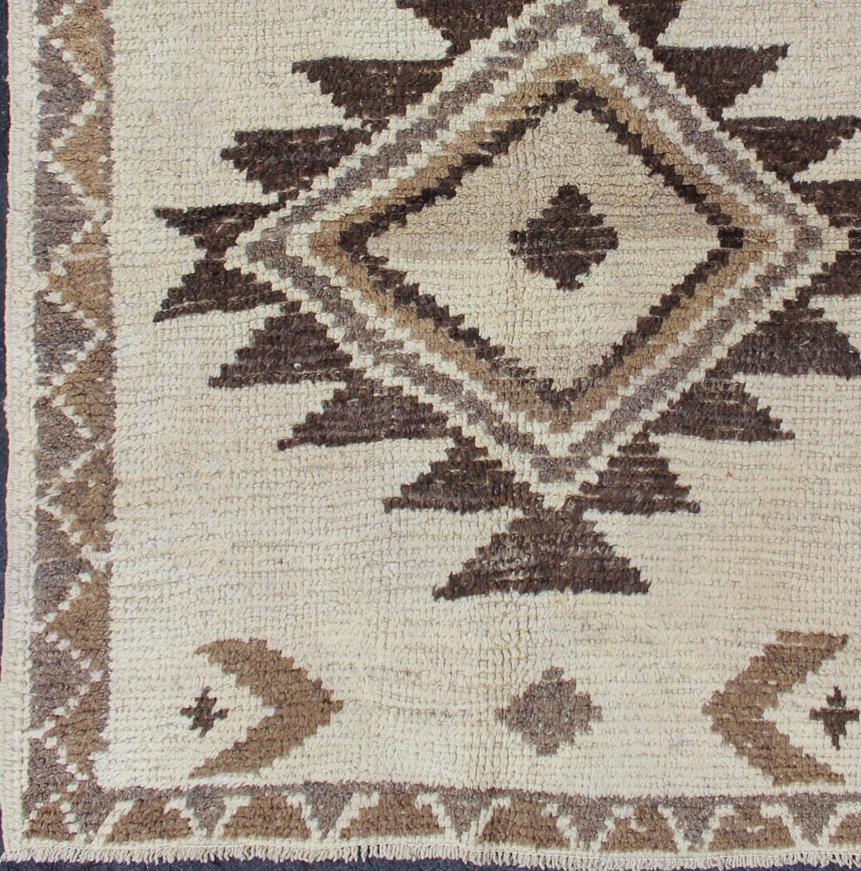 Hand-Knotted Natural Colors Turkish Tulu Carpet with Tribal Design in Shades of Earth Tones For Sale