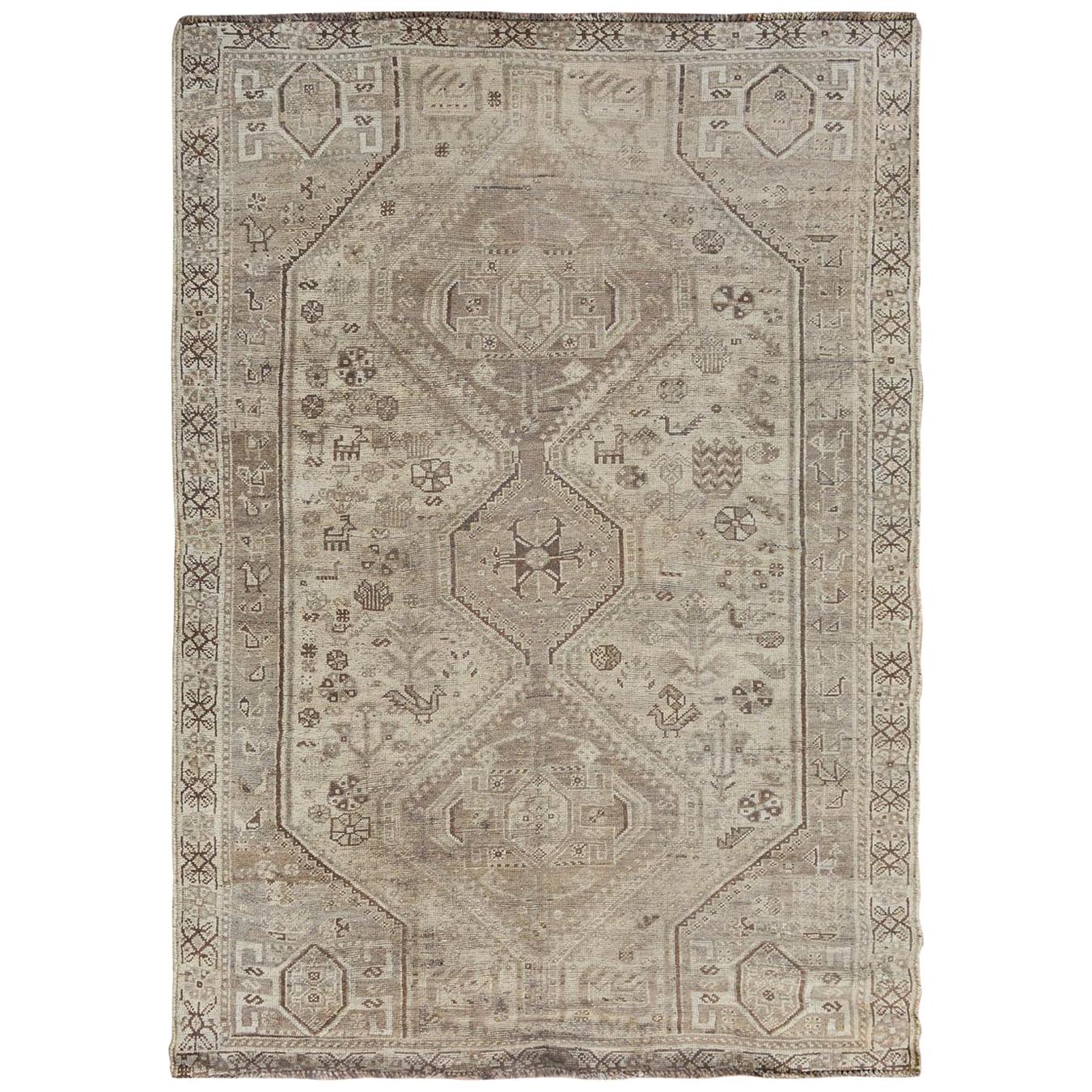 Natural Colors Gallery Size Old and Worn Down Persian Shiraz Hand Knotted For Sale at 1stDibs