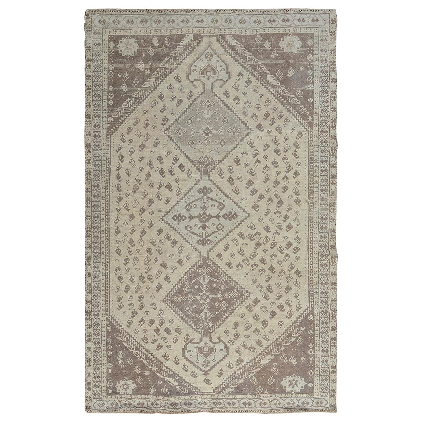 Natural Colors Vintage and Worn Down Persian Shiraz Pure Wool Hand Knotted Rug For Sale