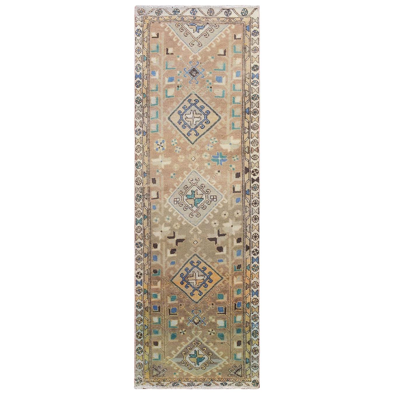 Natural Colors Worn Down and Vintage North West Persian Runner Hand Knotted Rug