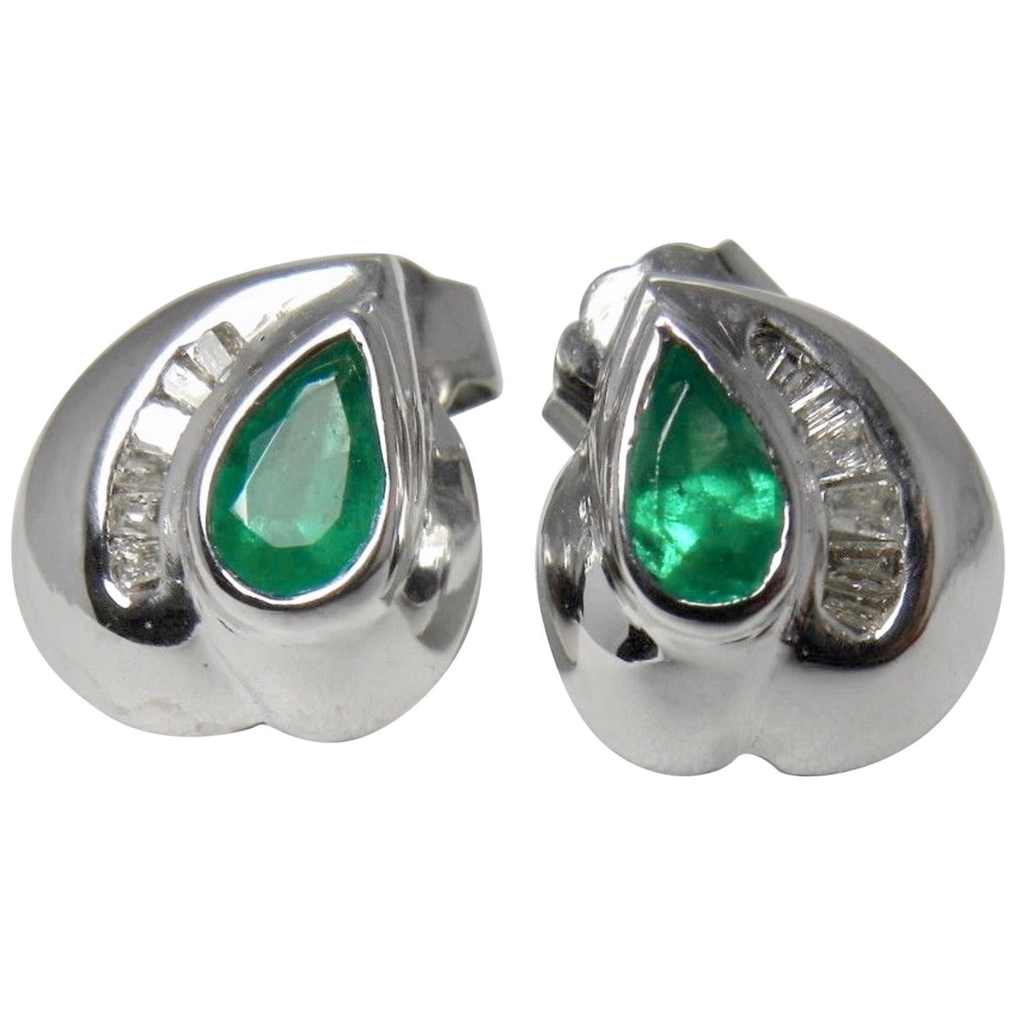 Natural Columbian Emerald and Diamond Stud Earrings 18 Karat White Gold