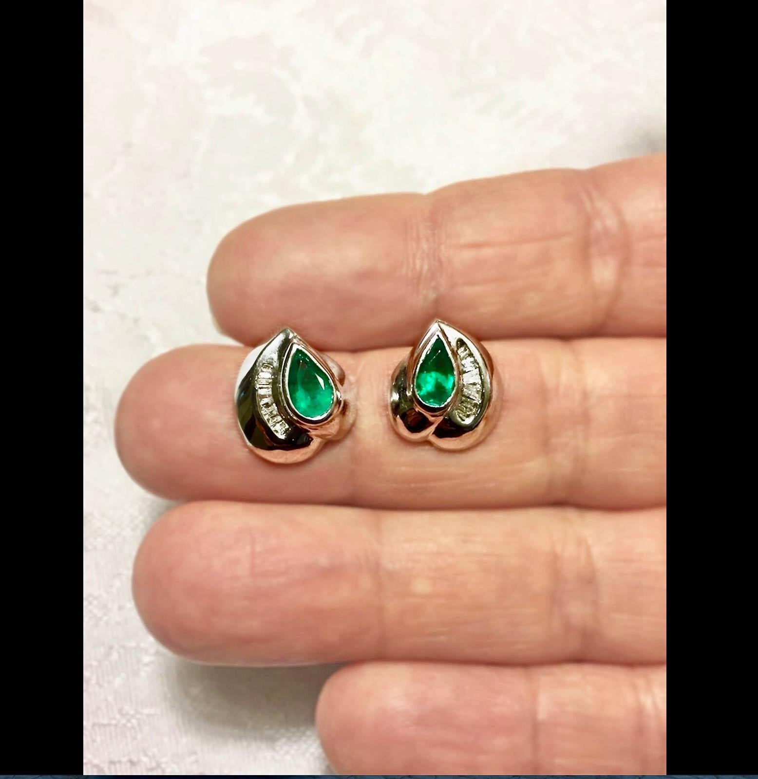 Women's Natural Columbian Emerald and Diamond Stud Earrings 18 Karat White Gold
