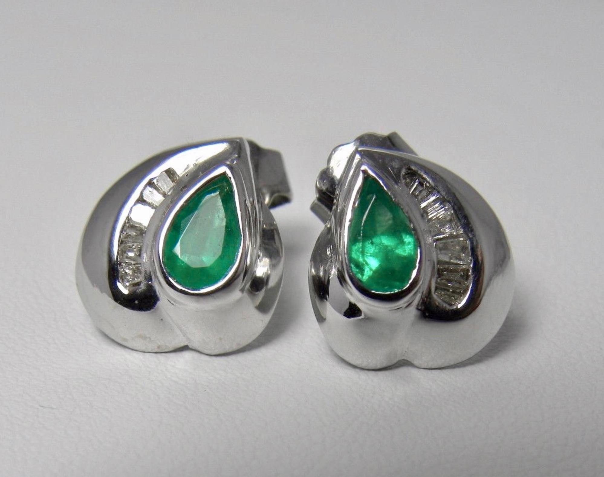 Natural Columbian Emerald and Diamond Stud Earrings 18 Karat White Gold 1