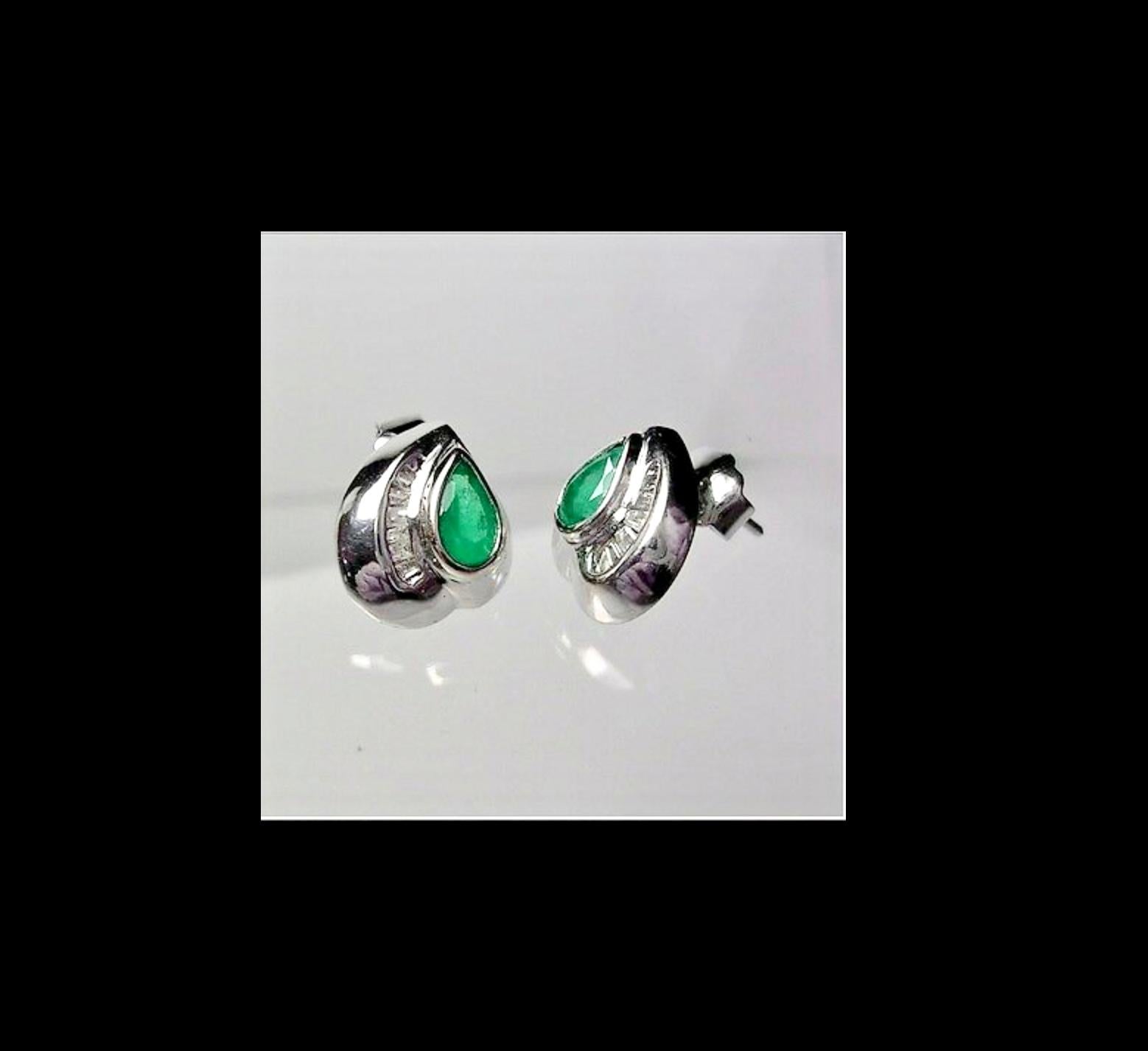 Natural Columbian Emerald and Diamond Stud Earrings 18 Karat White Gold 2