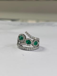 Natural Columbian Emerald & Diamonds Cocktail/ Band Ring Set in 18K White Gold