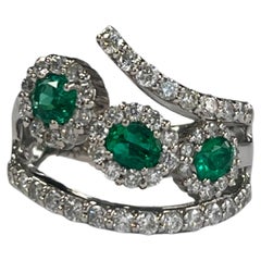 Natural Columbian Emerald & Diamonds Cocktail/ Band Ring Set in 18K White Gold