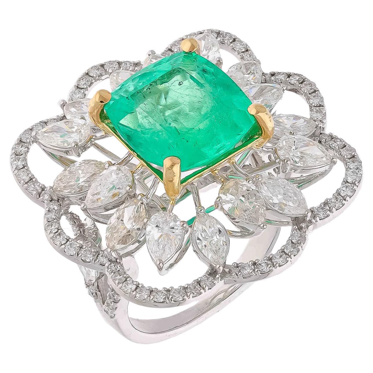 Natürlicher zambischer Smaragdring mit Diamant in 18 Karat Gold (Gemischter Schliff) im Angebot