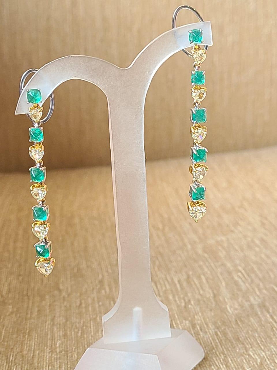 Sugarloaf Cabochon Natural, Columbian, sugarloaf Emerald & Yellow Diamonds Chandelier Earrings