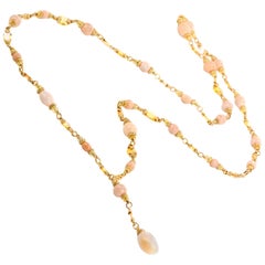 Natural Conch Pearl GIA Fancy Yellow Diamond and Sapphire Long Gold Necklace