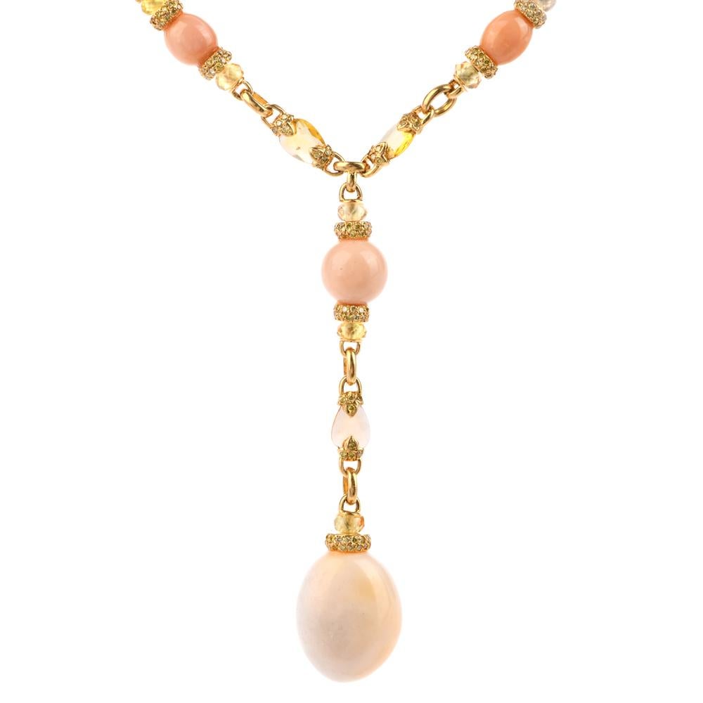 Modern Natural Conch Pearl GIA Fancy Yellow Diamond and Sapphire Long Gold Necklace