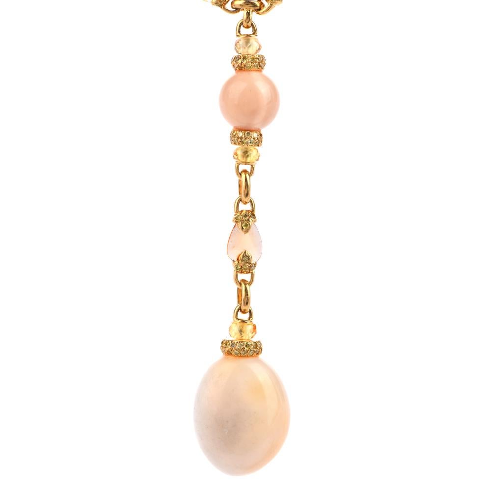 Mixed Cut Natural Conch Pearl GIA Fancy Yellow Diamond and Sapphire Long Gold Necklace