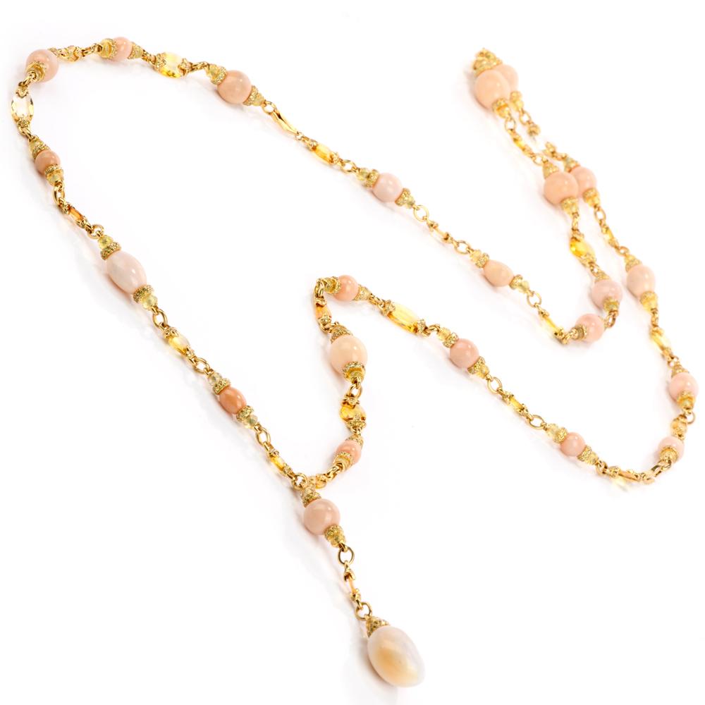 Natural Conch Pearl GIA Fancy Yellow Diamond and Sapphire Long Gold Necklace In Excellent Condition In Miami, FL