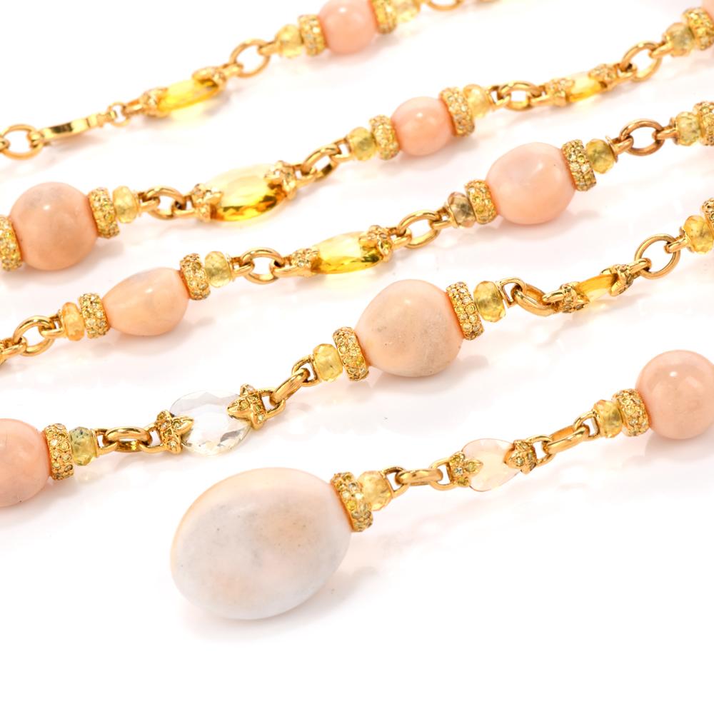Women's Natural Conch Pearl GIA Fancy Yellow Diamond and Sapphire Long Gold Necklace