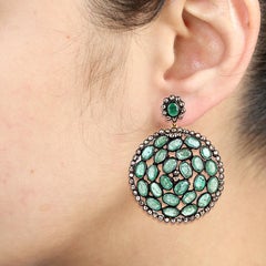 Natural Connected Emerald Round Shaped Earring With Diamonds In Gold & Silver