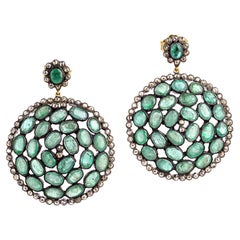 Natural Connected Emerald Round Shaped Earring With Diamonds In Gold & Silver