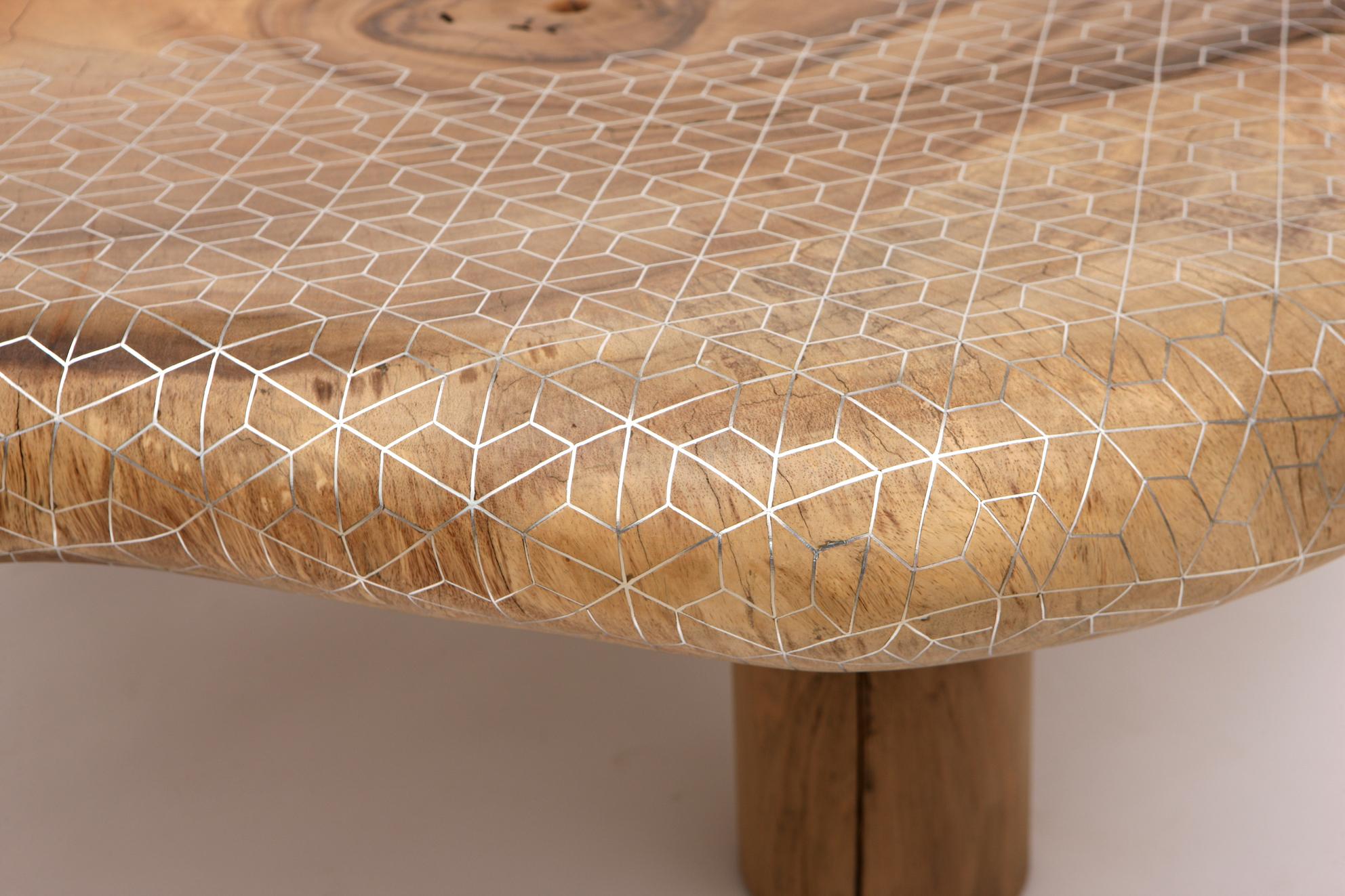 Inlay Natural Coordinates low table in Acacia wood - Unique piece For Sale