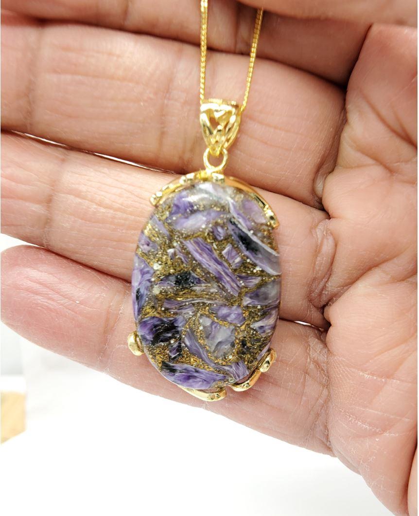 Arts and Crafts Natural Copper Malachite Stone Pendent Sterling Silver Plated with Yellow Gold For Sale