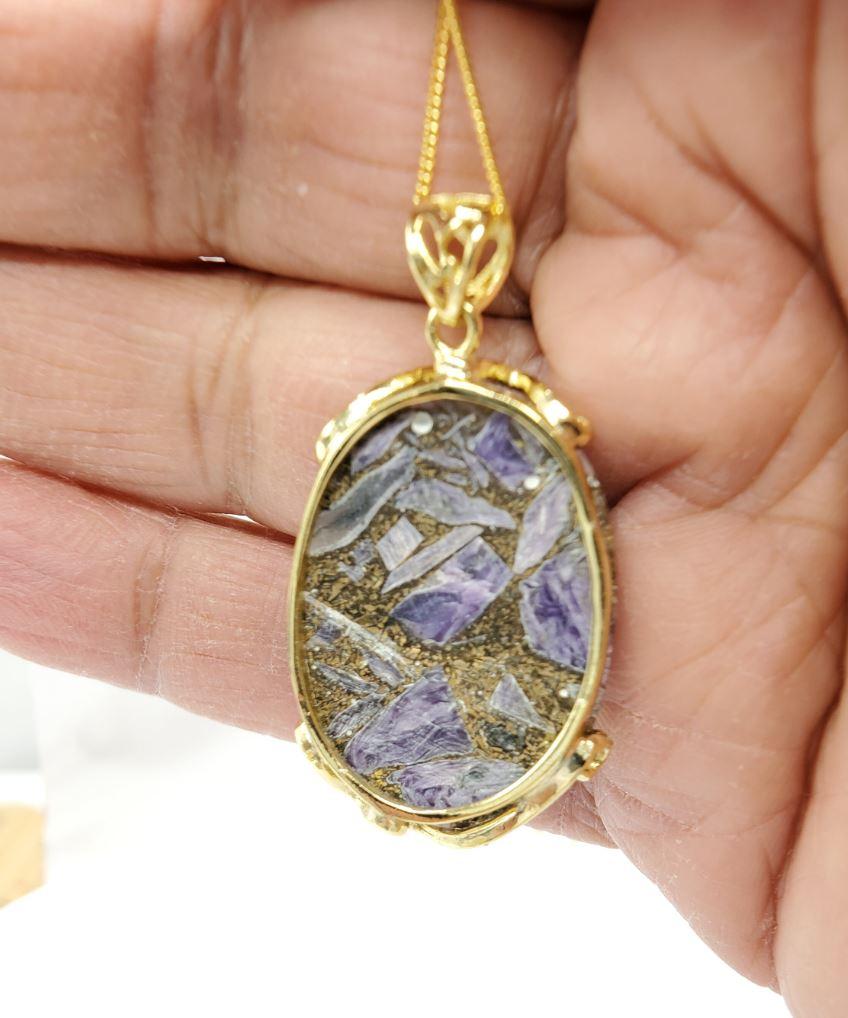 Oval Cut Natural Copper Malachite Stone Pendent Sterling Silver Plated with Yellow Gold For Sale