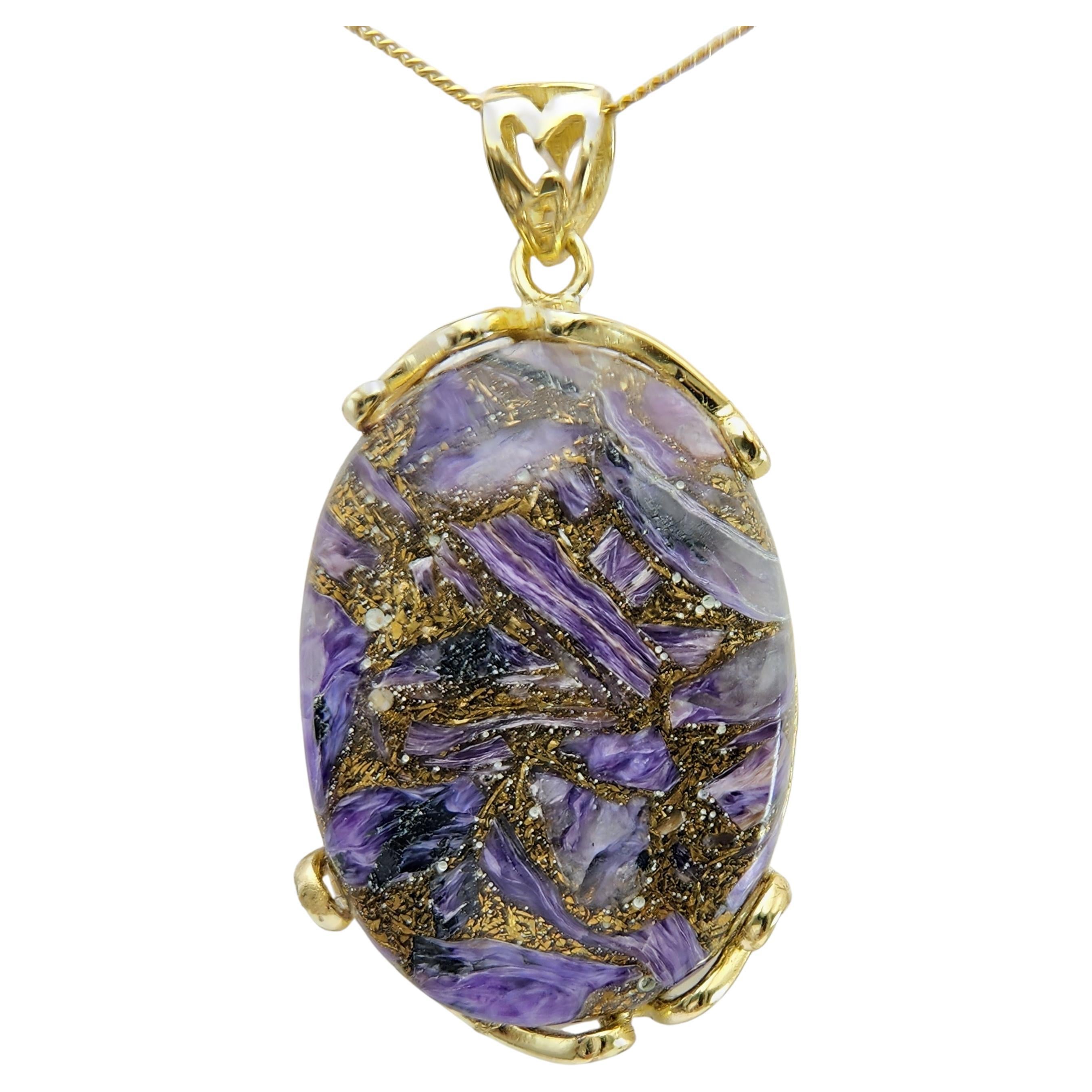 Natural Copper Malachite Stone Pendent Sterling Silver Plated with Yellow Gold For Sale