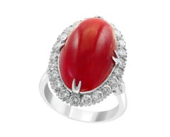 14K White Gold Coral & Diamond Ring, 10ct Coral, 1.5ct Diamond