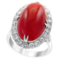 14K White Gold Coral & Diamond Ring, 10ct Coral, 1.5ct Diamond