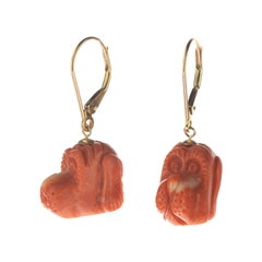 Natural Coral 18 Karat Gold Drop Dog Friend Cocktail Leverback Animal Earrings