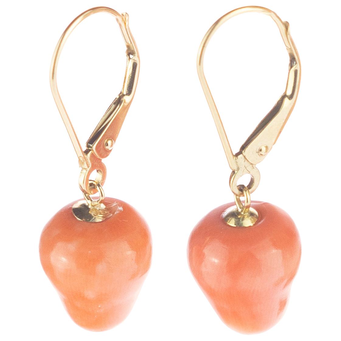 Natural Coral 18 Karat Gold Drop Fruit Shaped Cocktail Leverback Apple Earrings For Sale