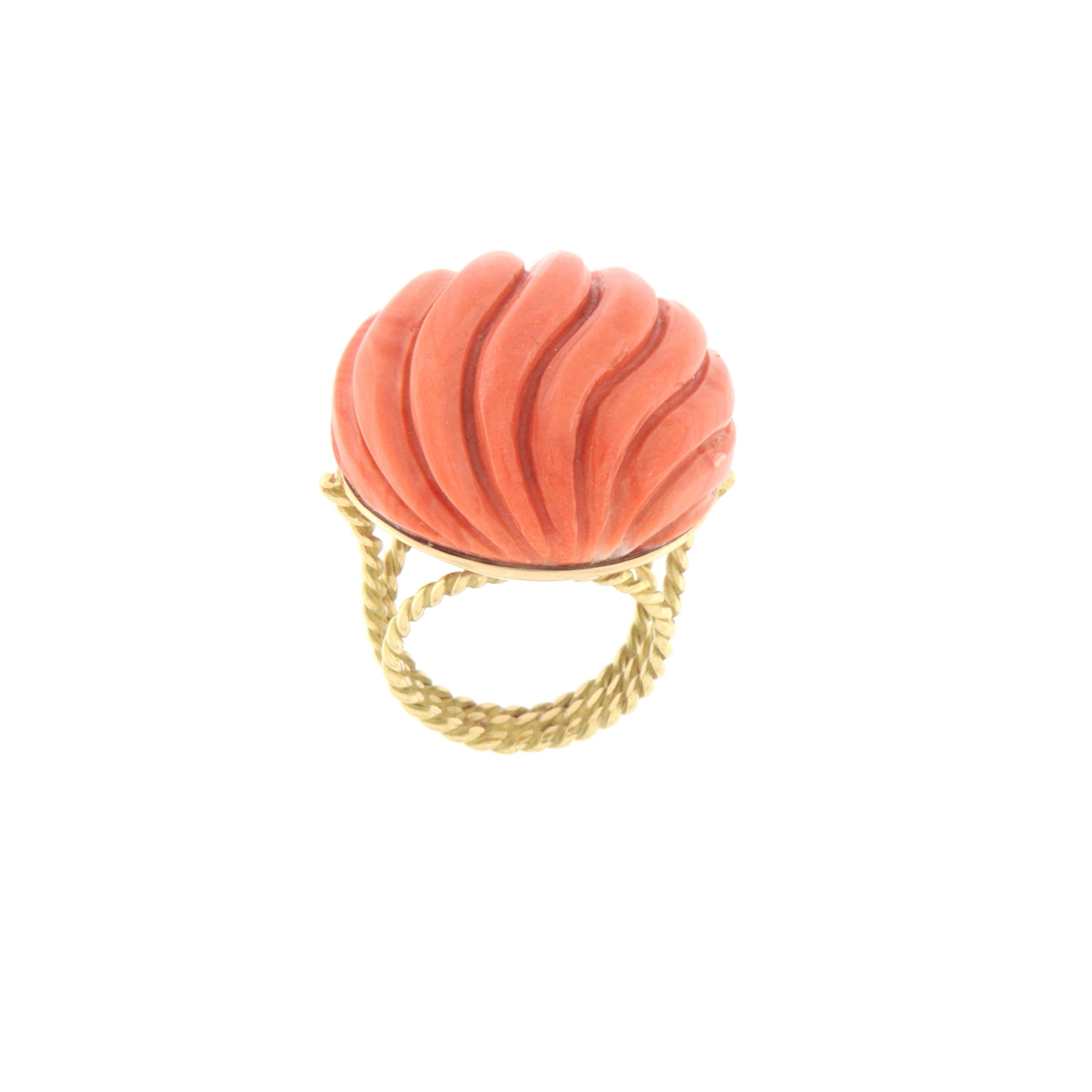 Artisan Natural Coral 18 Karat Yellow Gold Cocktail Ring For Sale