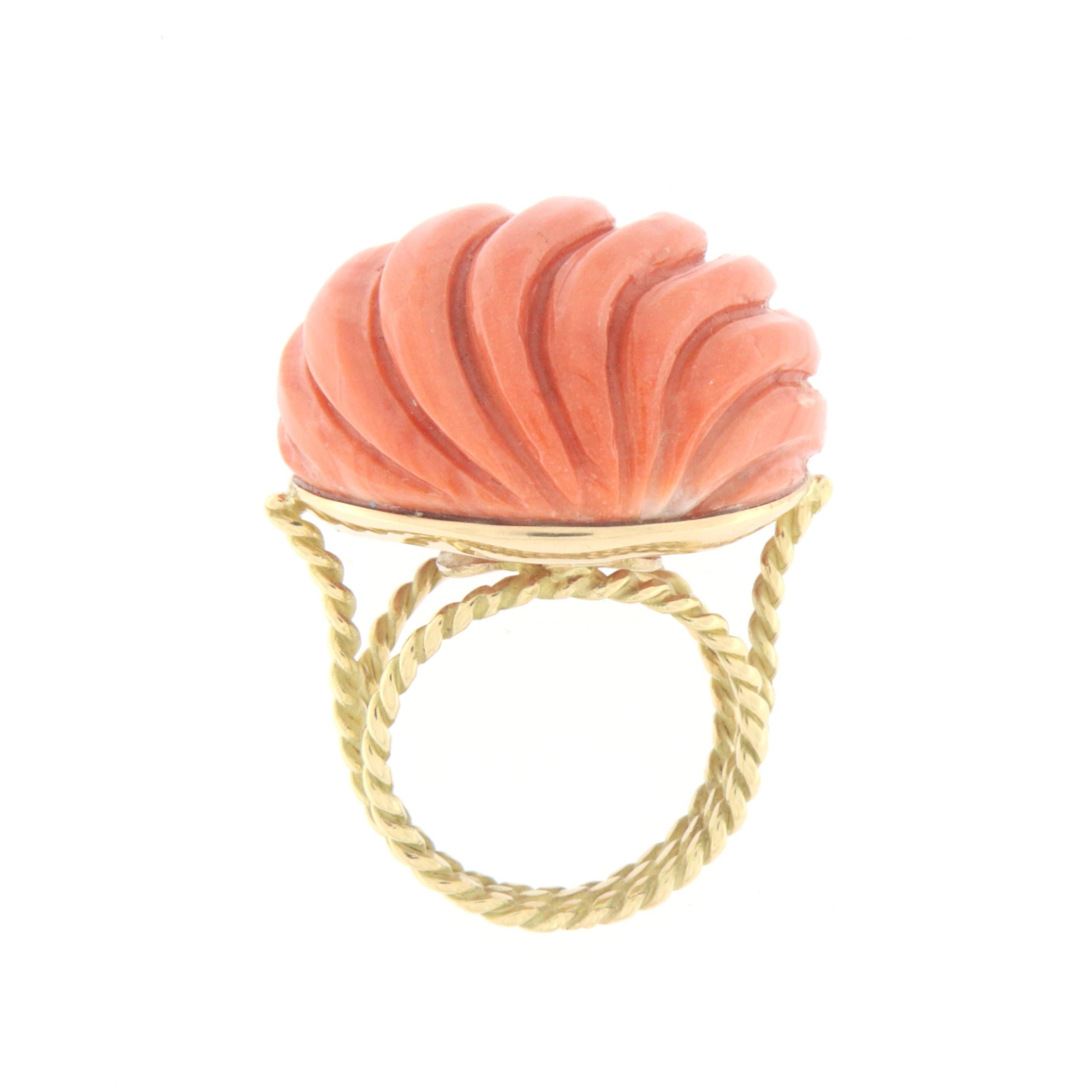 Uncut Natural Coral 18 Karat Yellow Gold Cocktail Ring For Sale