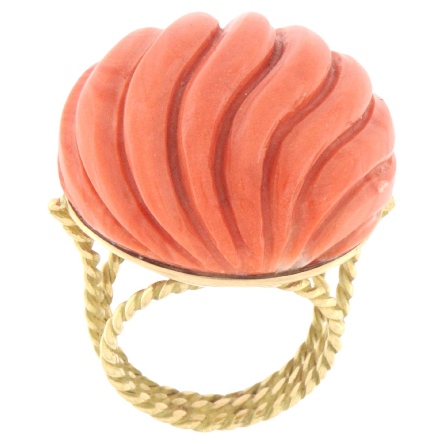 Natural Coral 18 Karat Yellow Gold Cocktail Ring For Sale