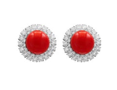 Platinum Coral & Diamond Halo Earrings, 35ct Coral, 12ct Diamonds