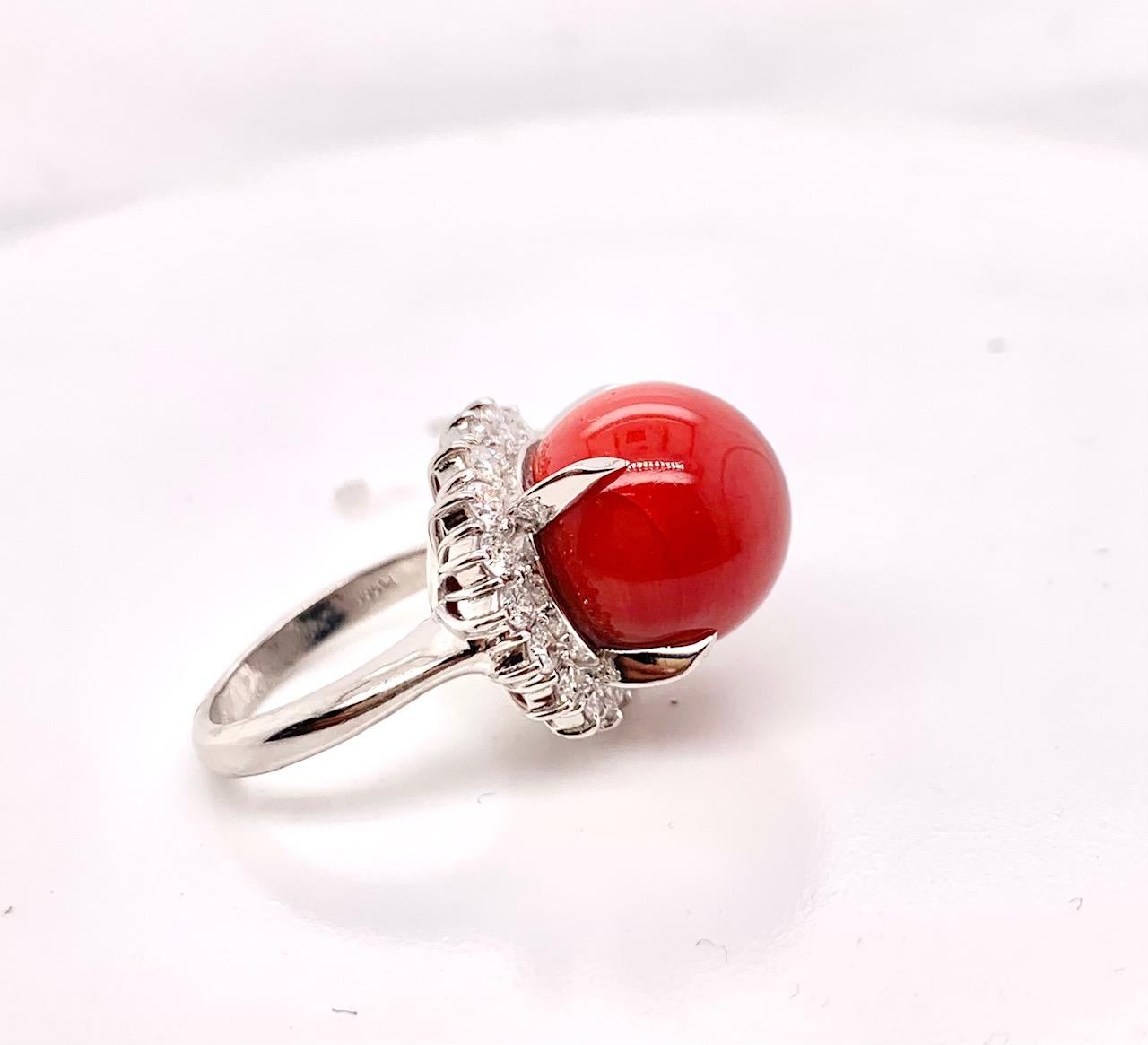 Round Cut Natural Coral and Diamond Claw Prong Cocktail Ring For Sale