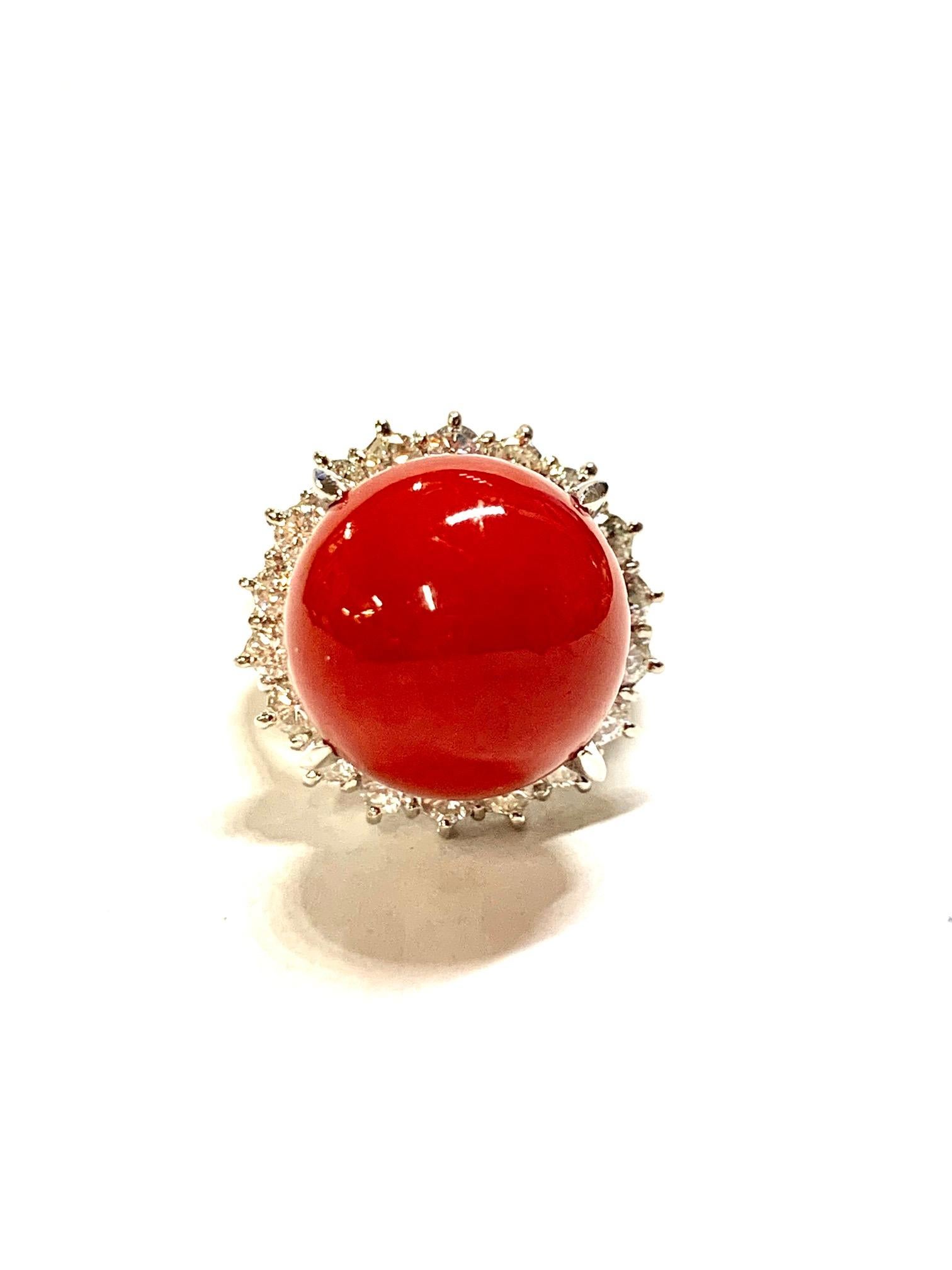 Natural Coral and Diamond Claw Prong Cocktail Ring In Excellent Condition For Sale In New York, NY