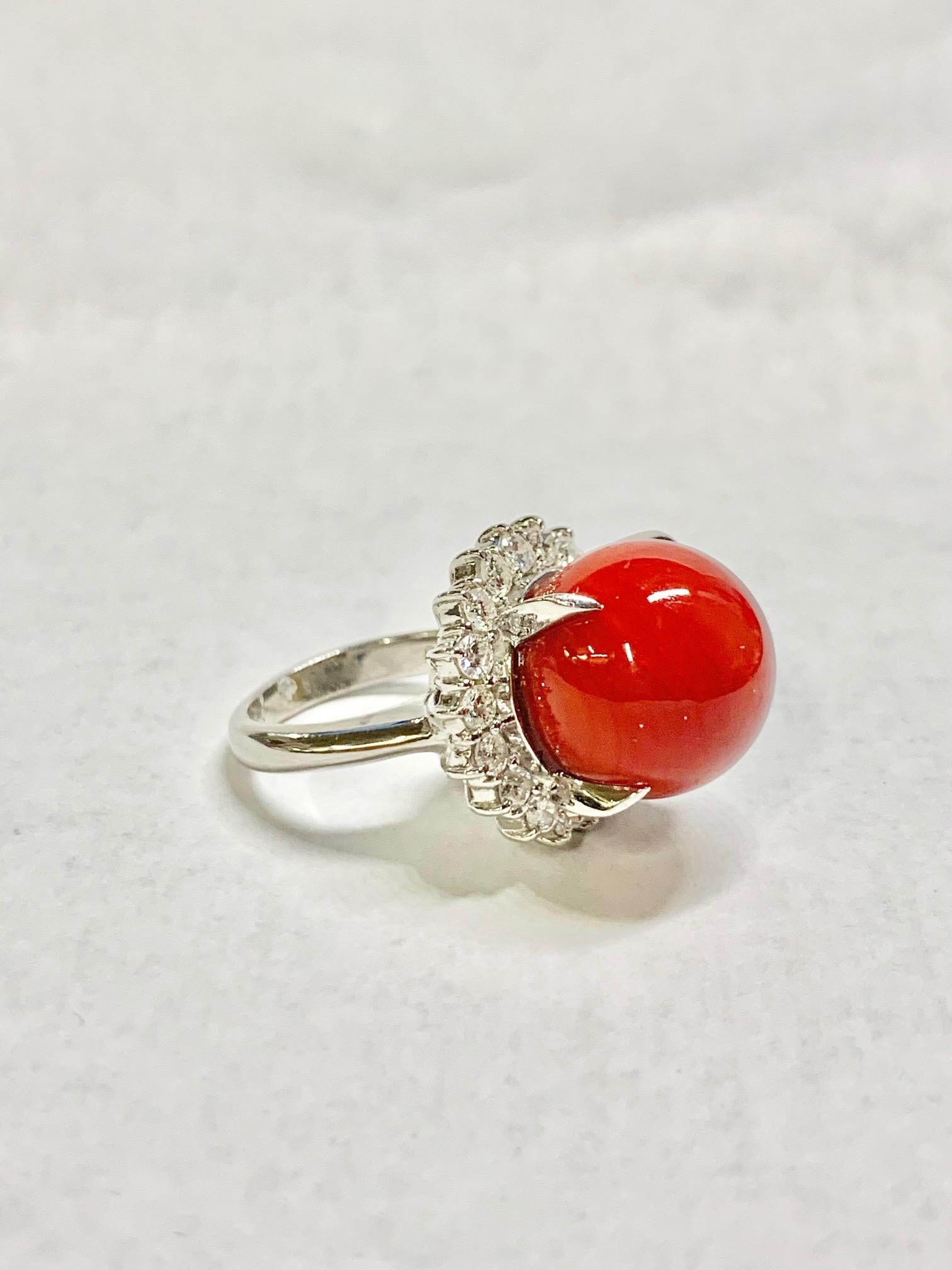 Women's or Men's Natural Coral and Diamond Claw Prong Cocktail Ring For Sale