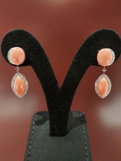 Natural Coral and Diamond Earring Necklace Ring Suite in 18K White Gold